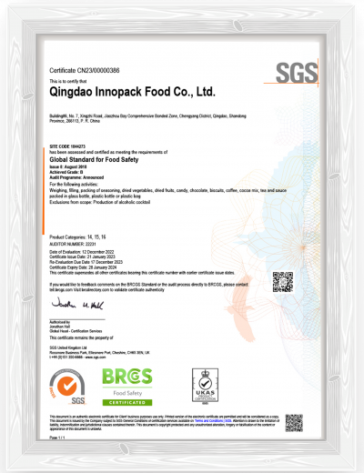 QINGDAO INNOPACK FOOD CO., LTD BRC CERTIFICATE - TAO 260804 EN.2