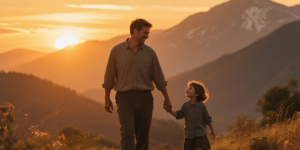 jimeng-2025-05-23-920-Father and child walking in sunset, warm golden light, mountain silhouette bac...